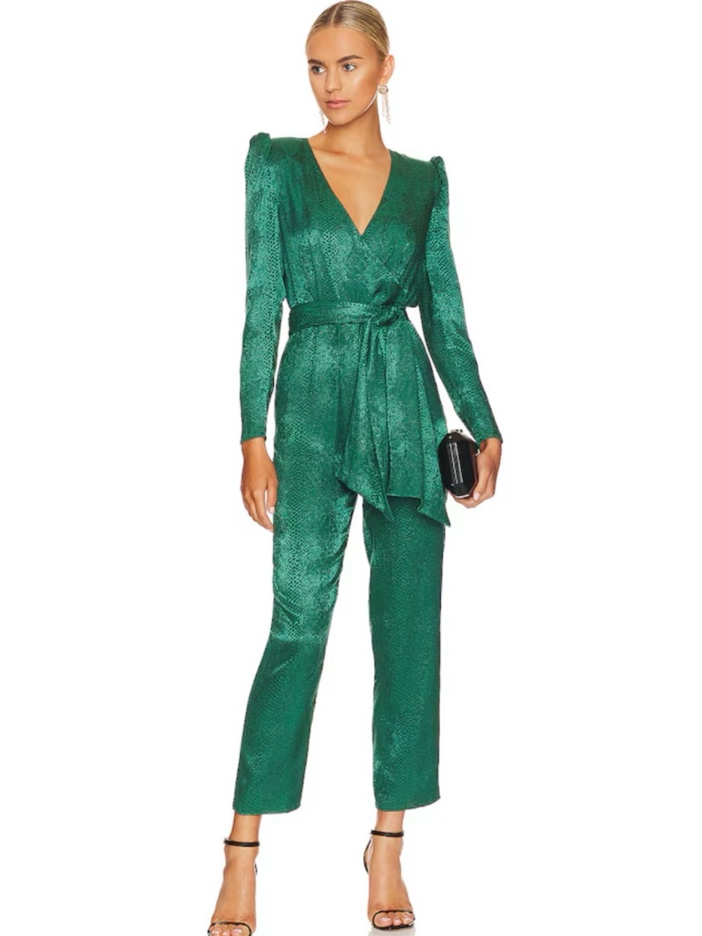 NBD Donnie Emerald Green Satin Snake Print Long Sleeve Jumpsuit with Sash Waist